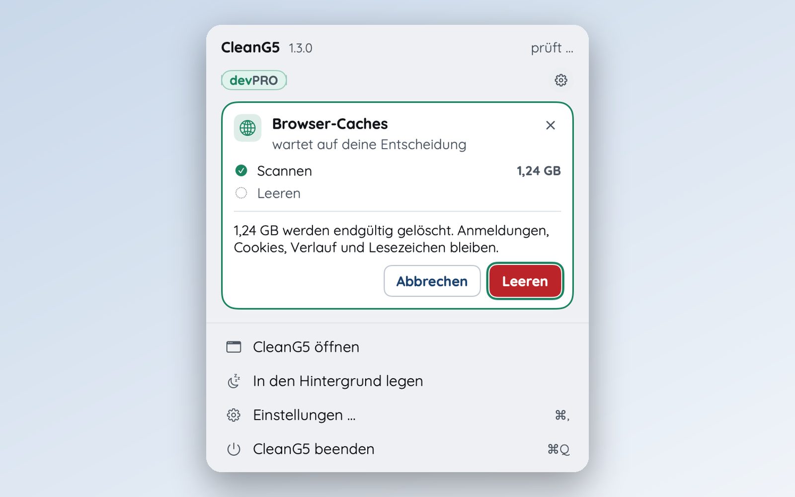 CleanG5 – devPRO in der Menüleiste: ein Vorgang, ein Ort