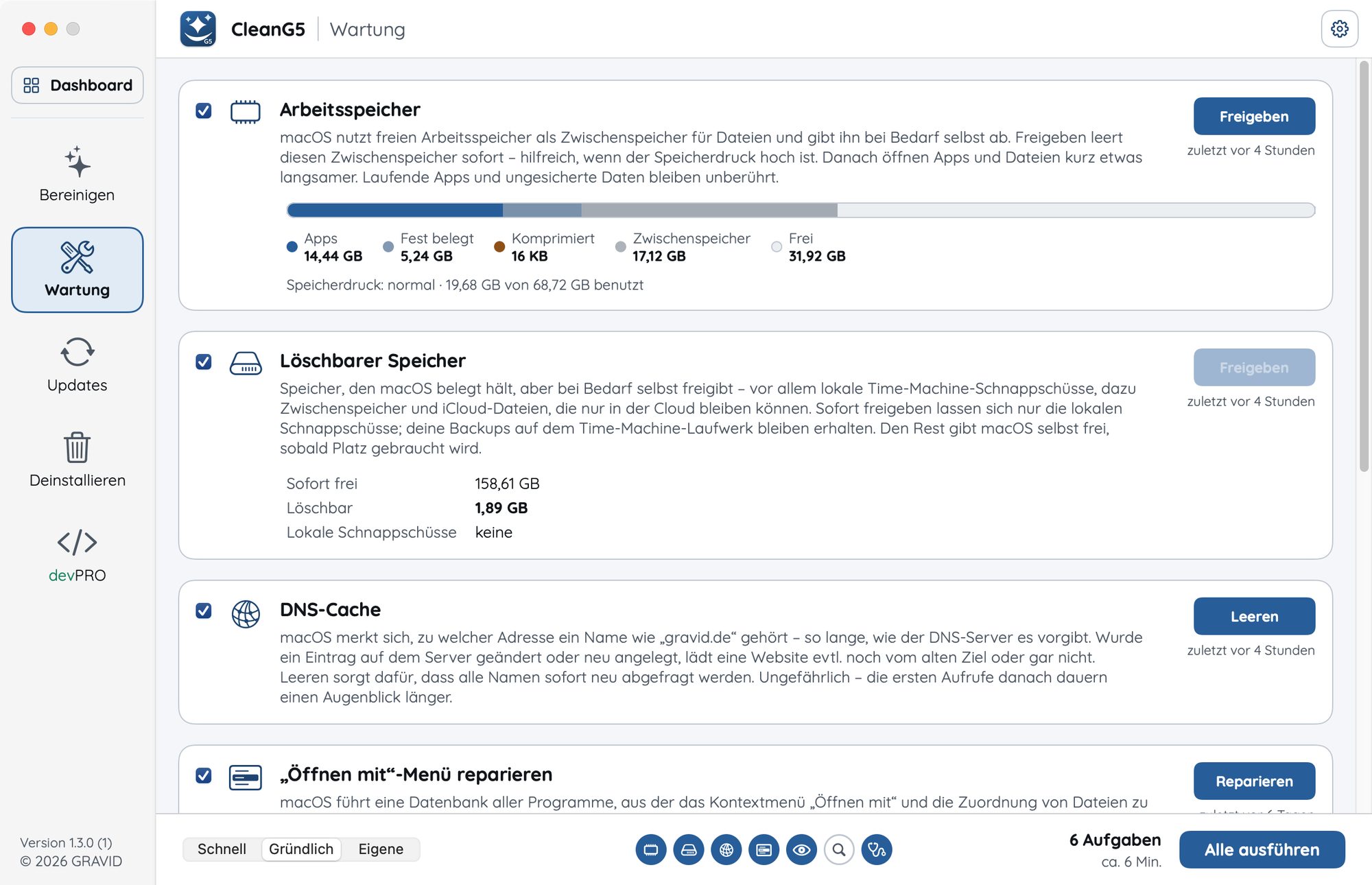 CleanG5 – Wartung: Arbeitsspeicher, löschbarer Speicher, DNS, Spotlight und mehr – mit den Voreinstellungen Schnell, Gründlich und Eigene.